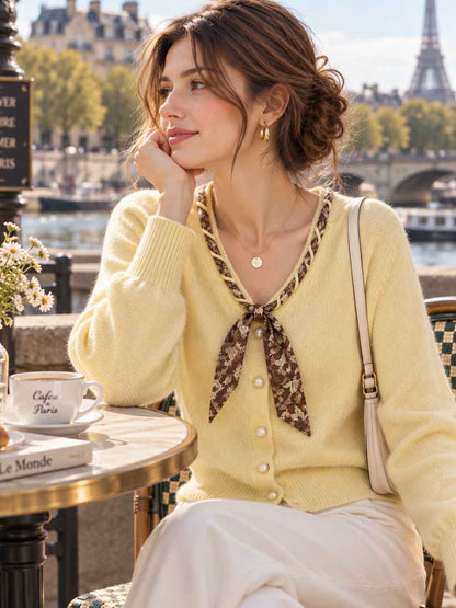 V-neck Scarf Detail Knit Cardigan