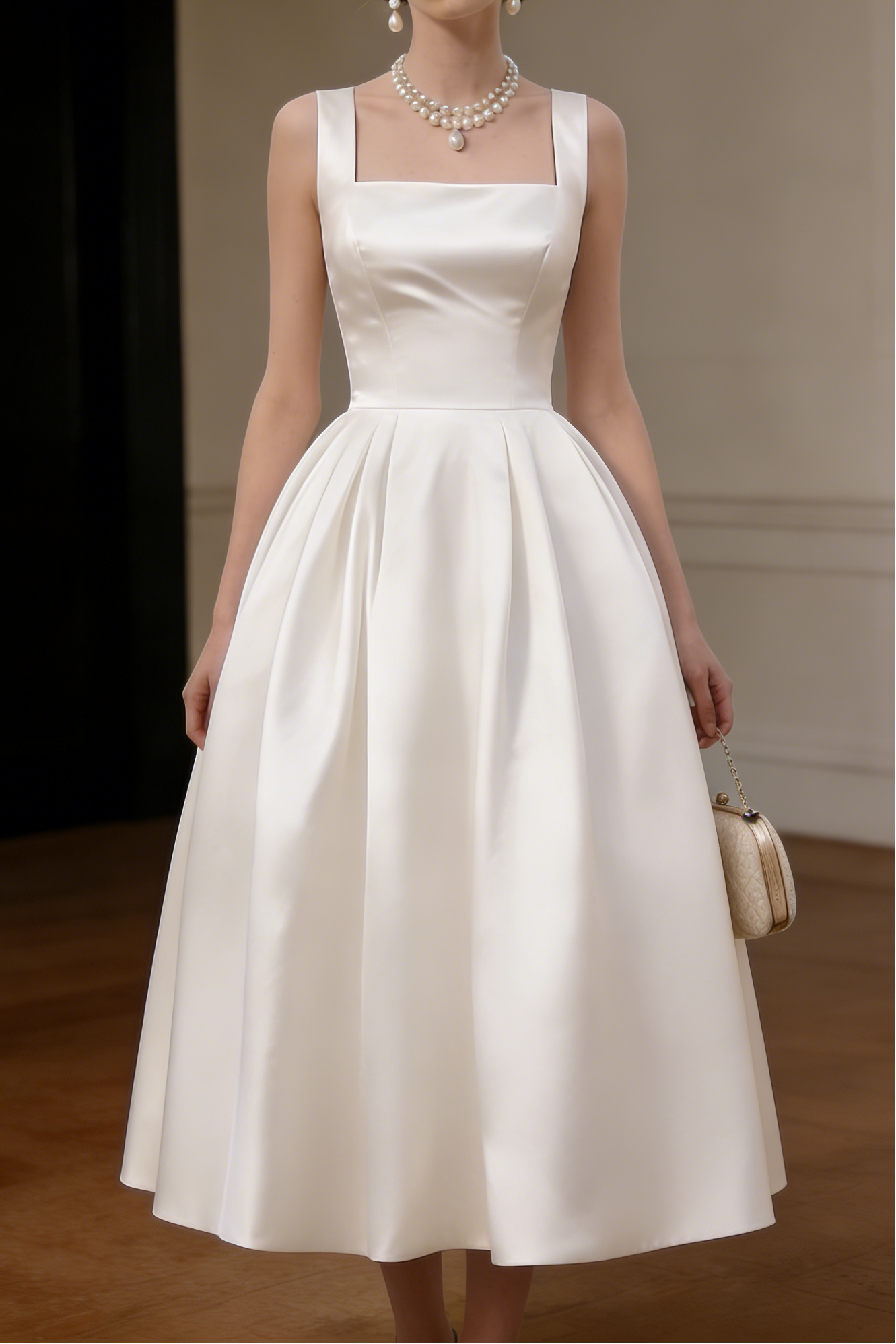 Sharon White Square Neck Satin Midi Wedding Dress