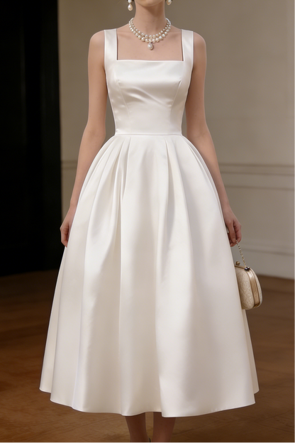 Sharon White Square Neck Satin Midi Wedding Dress