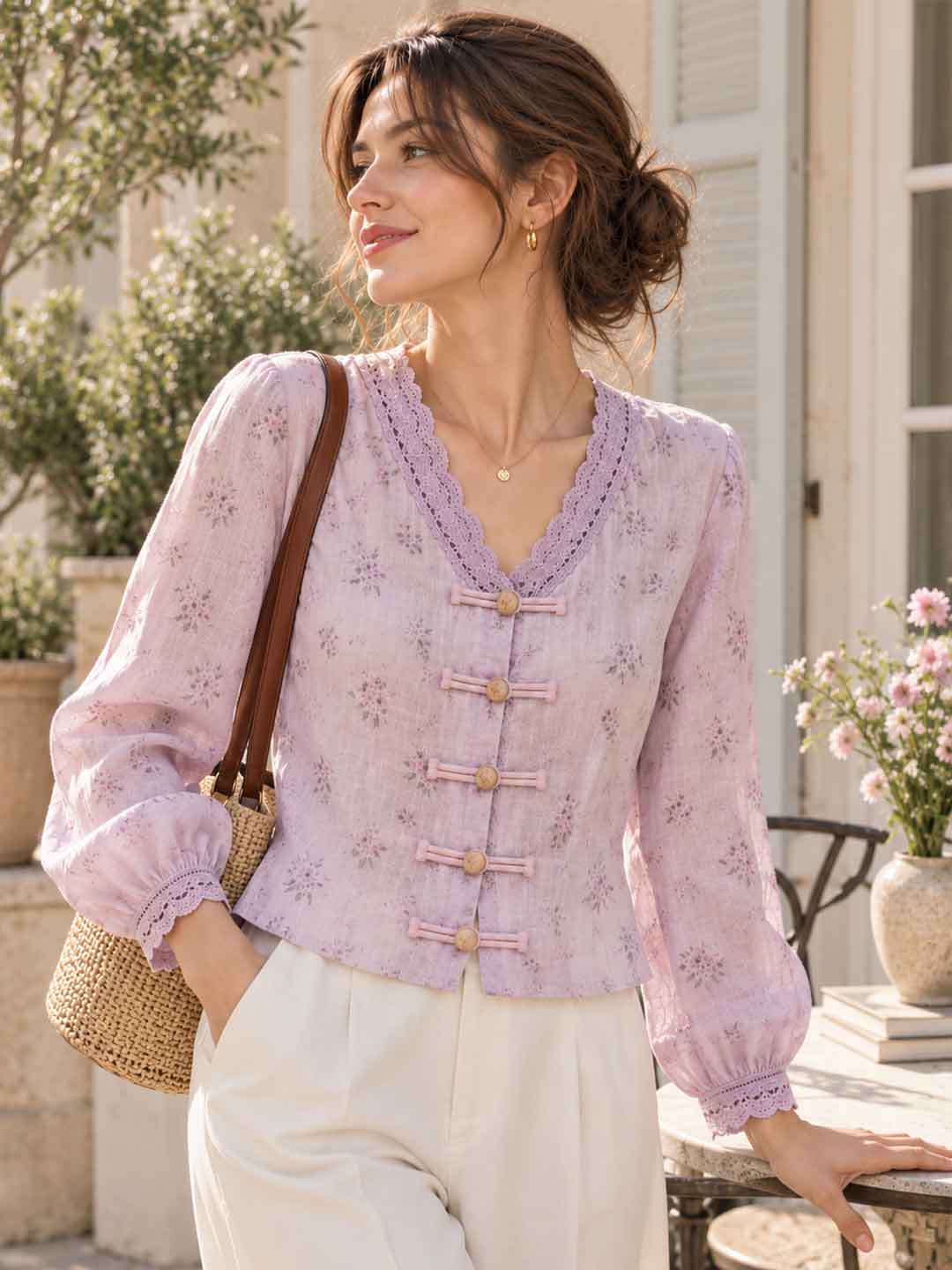 V-neck Floral Lace Trim Top