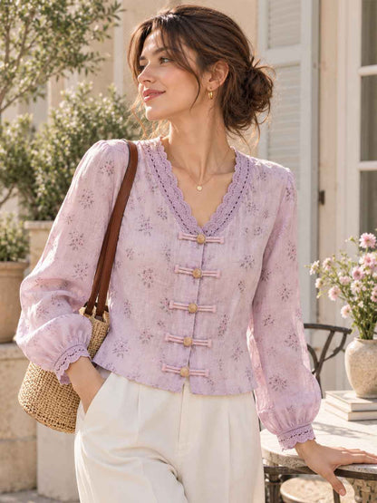 V-neck Floral Lace Trim Top