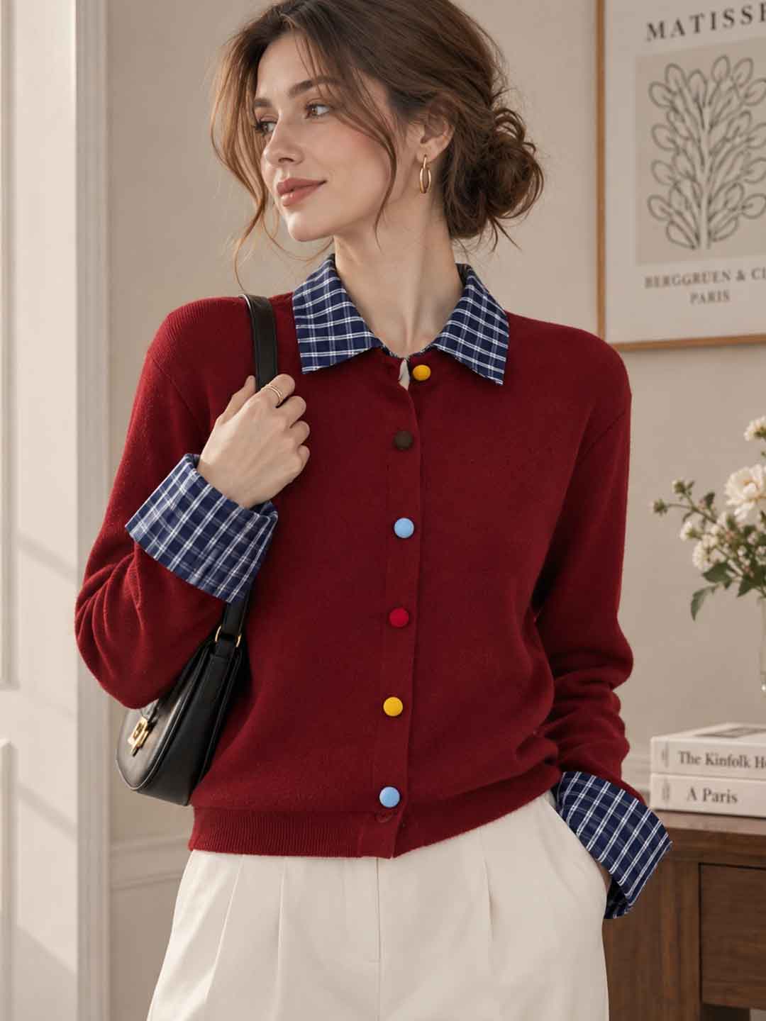 Faux-layered Plaid Collared Cardigan