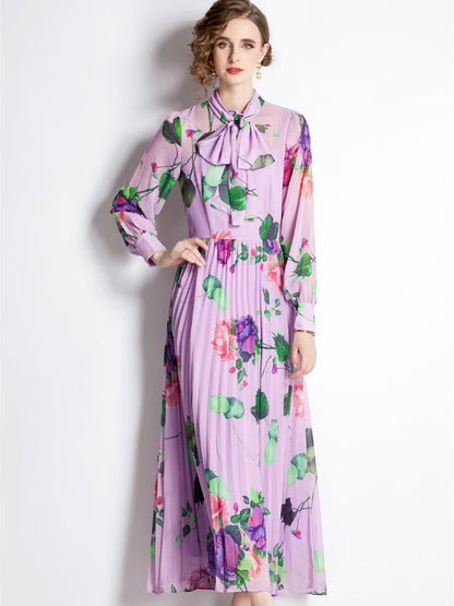 Purple floral print long-sleeved pleated maxi dress