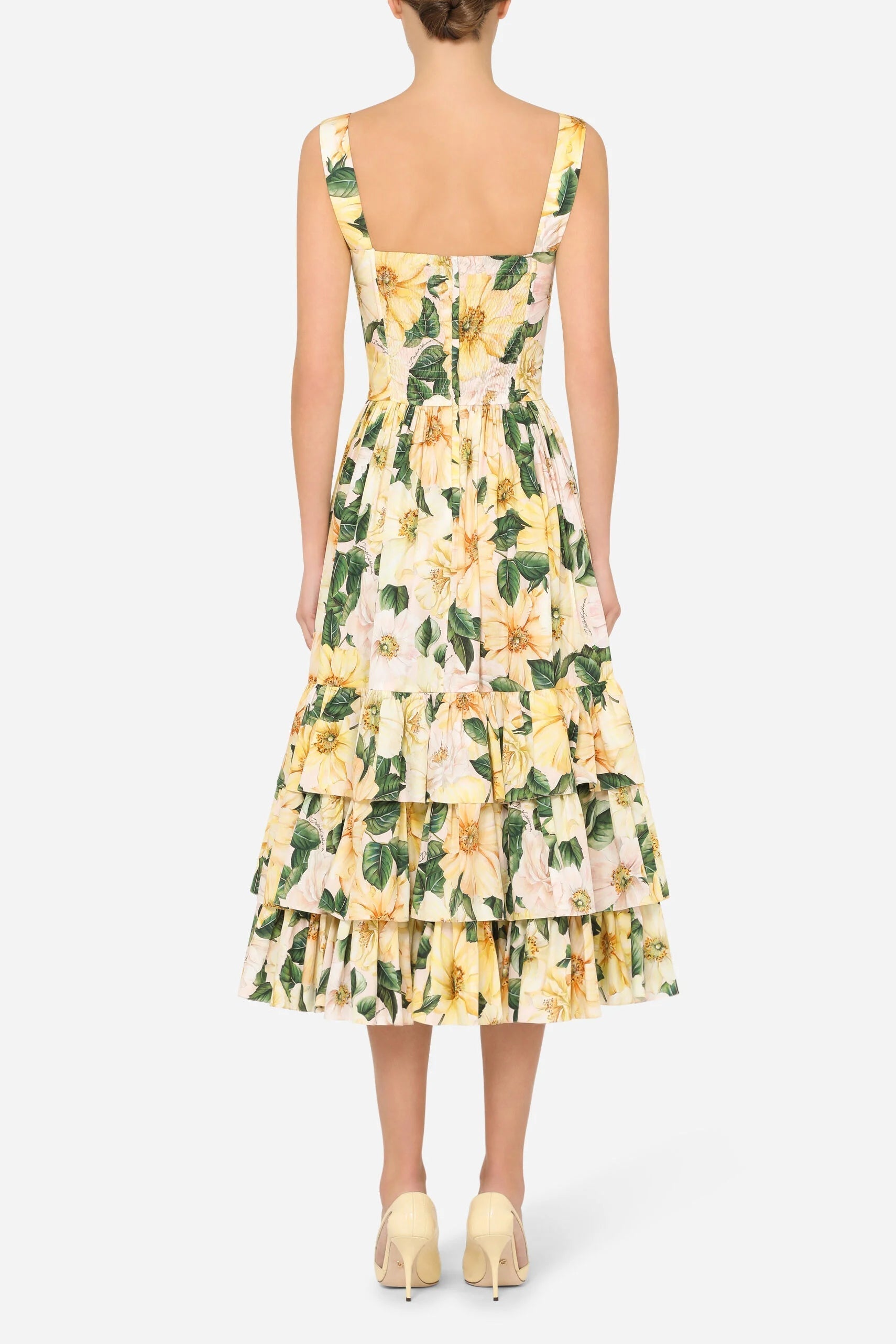 Camellia-print poplin midi dress in yellow