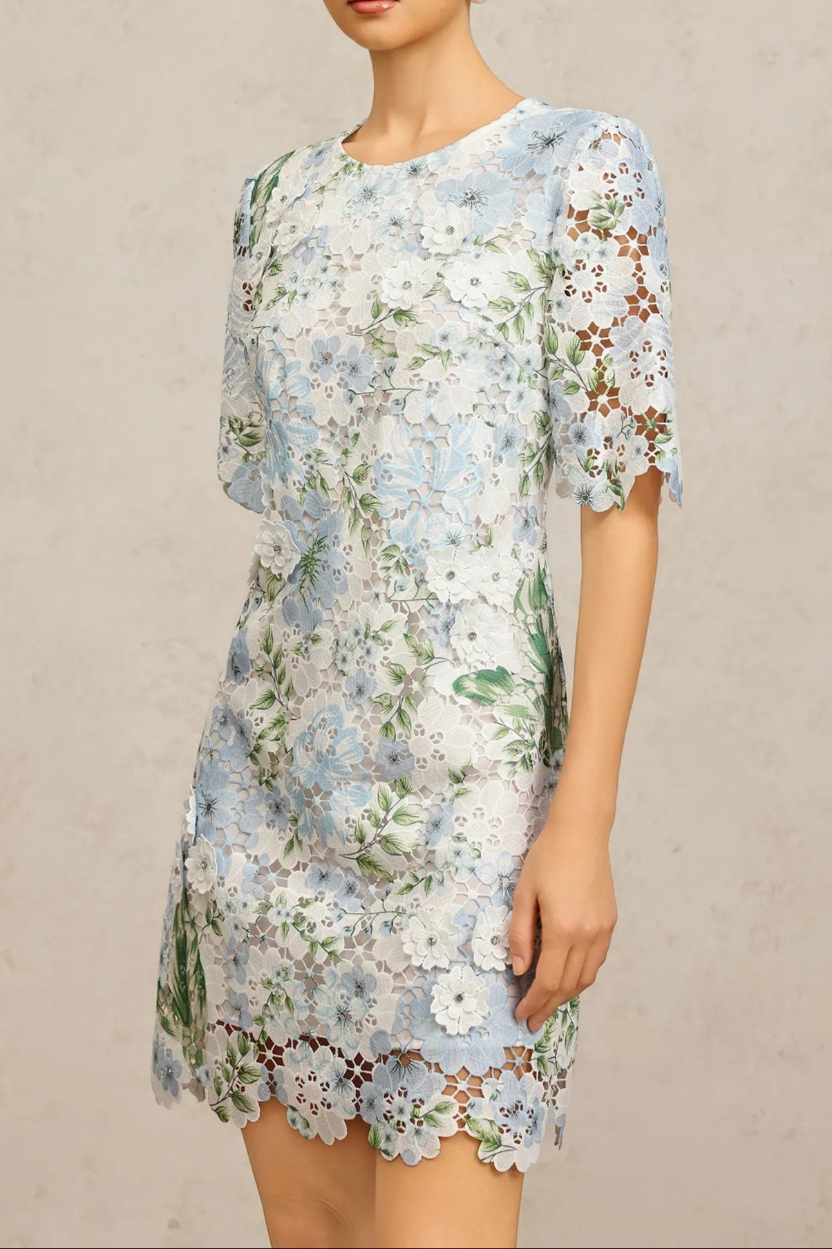 hazel Floral Printed Lace Mini Dress in sky blue