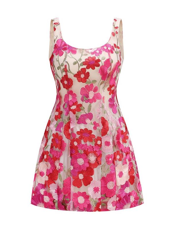 FLORAL embroidery MINI DRESS in rose red