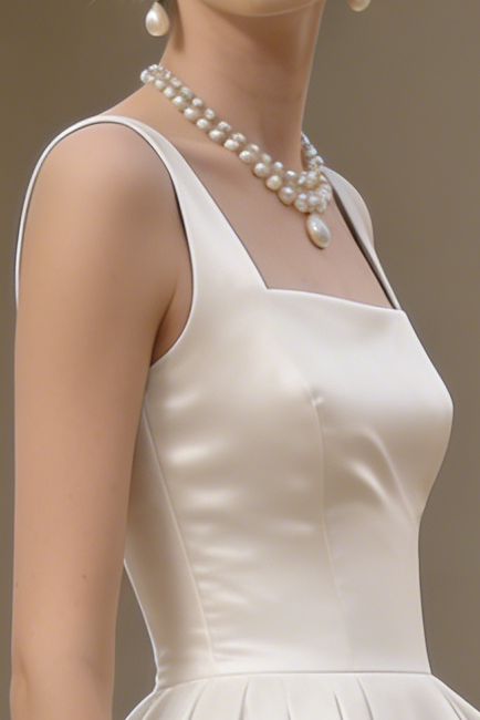 Sharon White Square Neck Satin Midi Wedding Dress