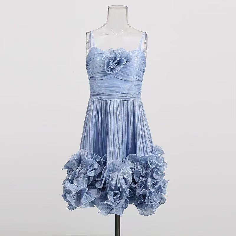 diana Spaghetti Flower Ruffle Mini Dress In Blue