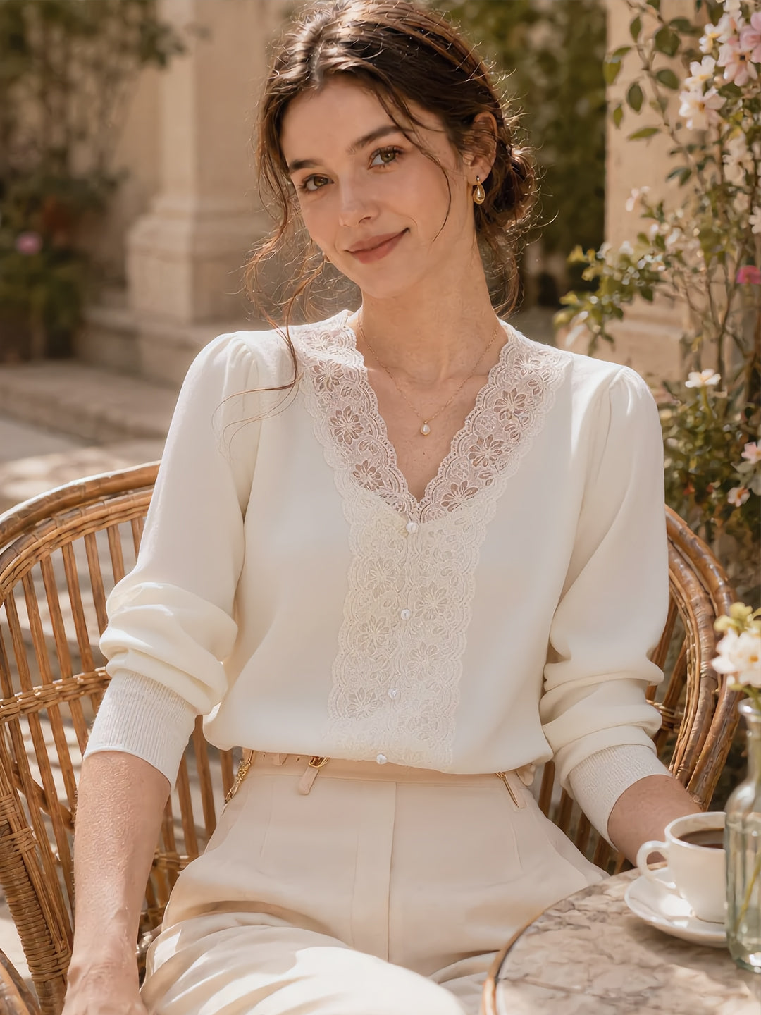 Elaine French Style V-Neck Lace Stitching Knitted Sweater