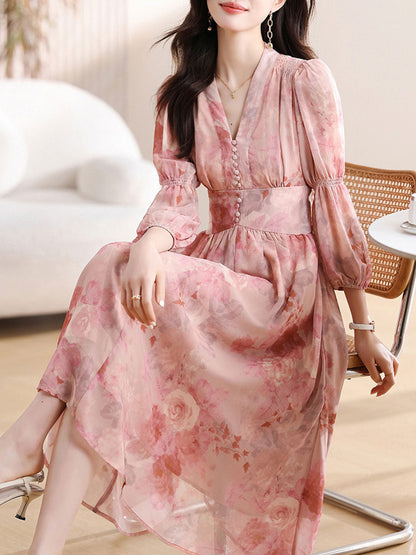 Madison Daily V-Neck Puff Sleeve Chiffon Floral Dress