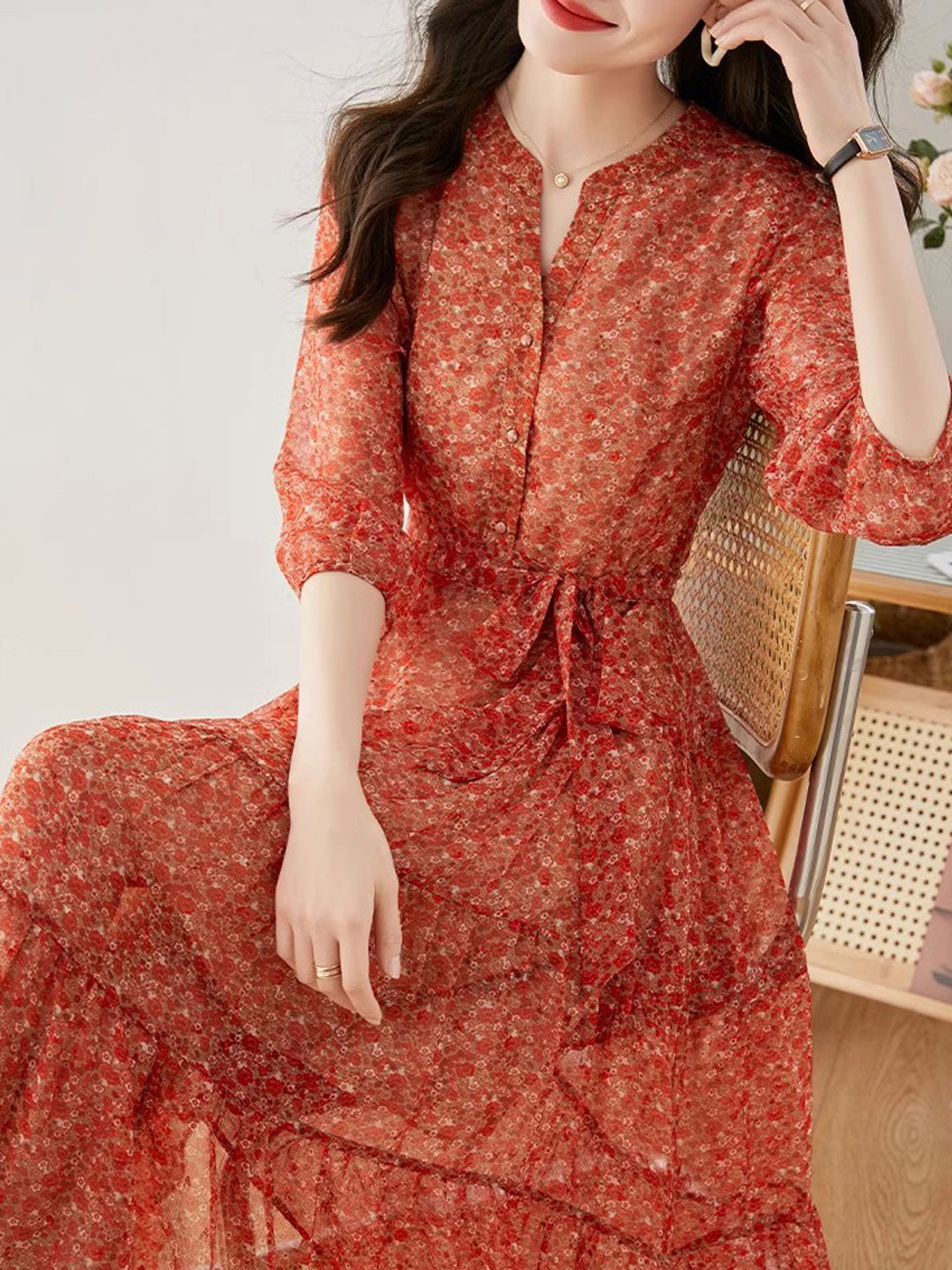 lyuba Vintage Ruffle Floral Chiffon Maxi Dress
