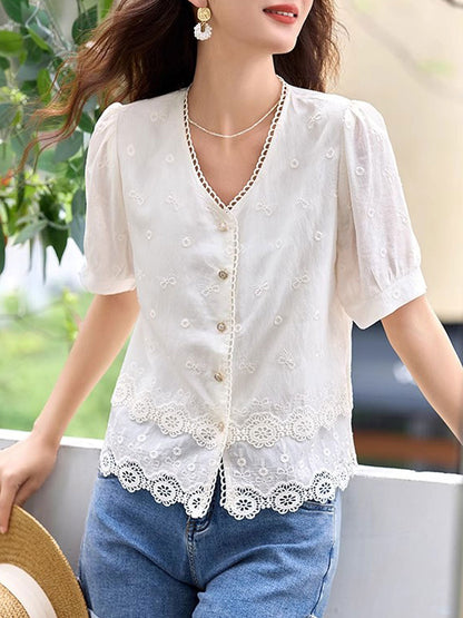 sabina Loose V-Neck Hollowed Lace Top