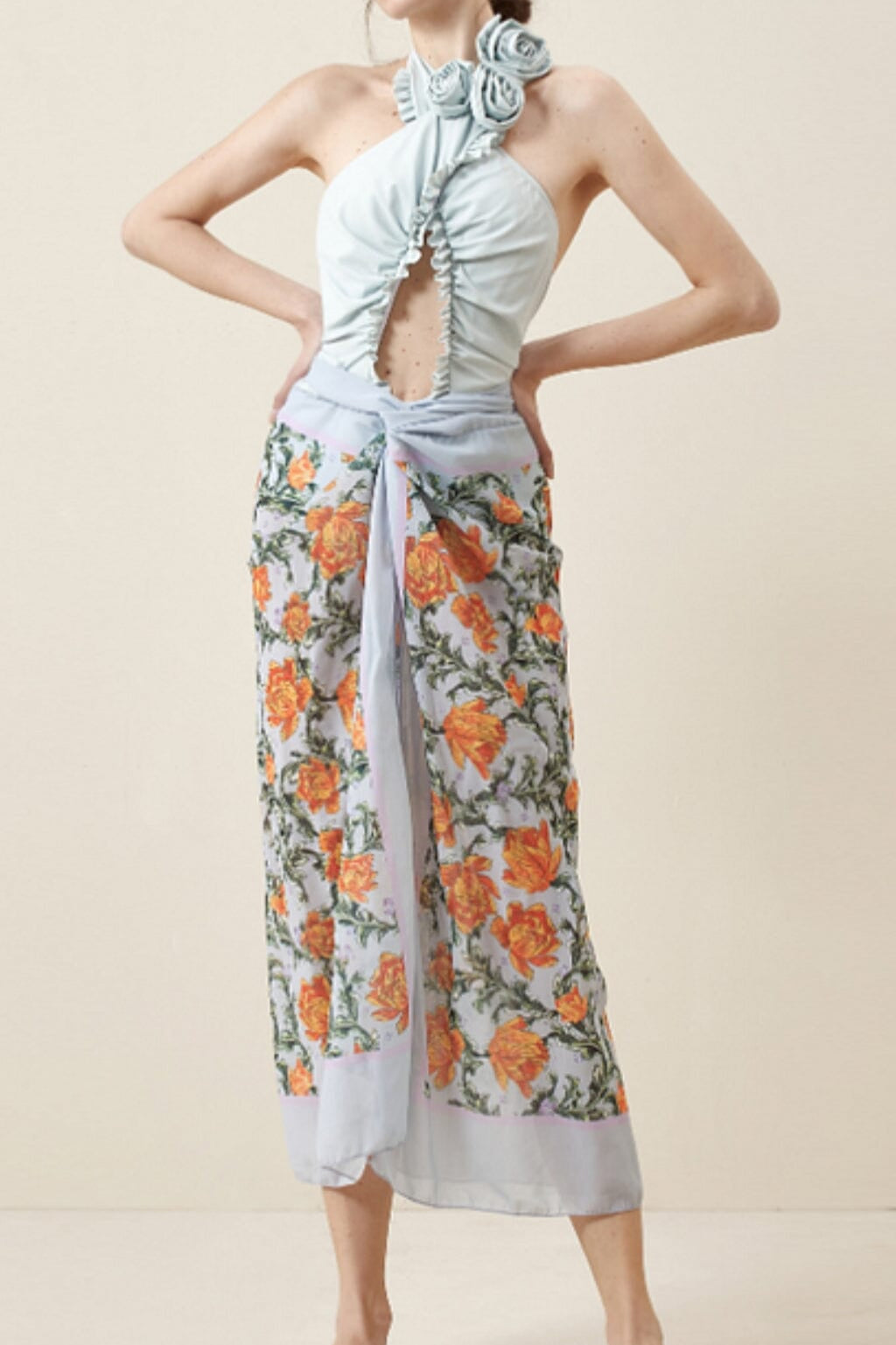 BLUE HALTER 3D FLOWER ONE PIECE SWIMSUIT AND SARONG styleofcb 