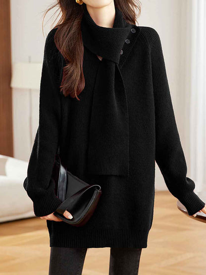 Maya Daily Button Scarf Solid Color Knitted Sweater