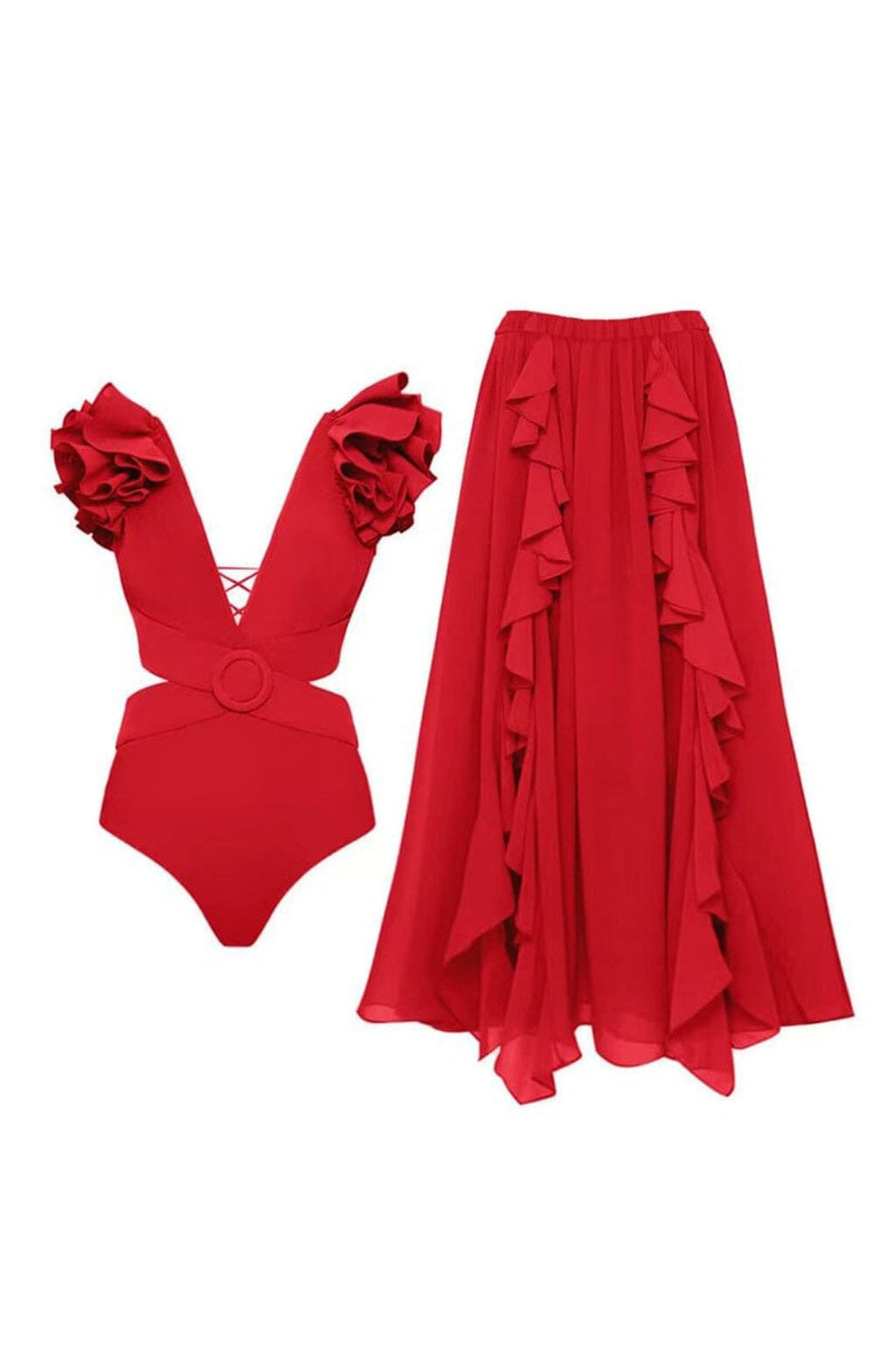 DEEP V RED CUTOUT ONE PIECE SWIMSUIT AND SKIRT styleofcb SWIMSUIT AND SKIRT S 