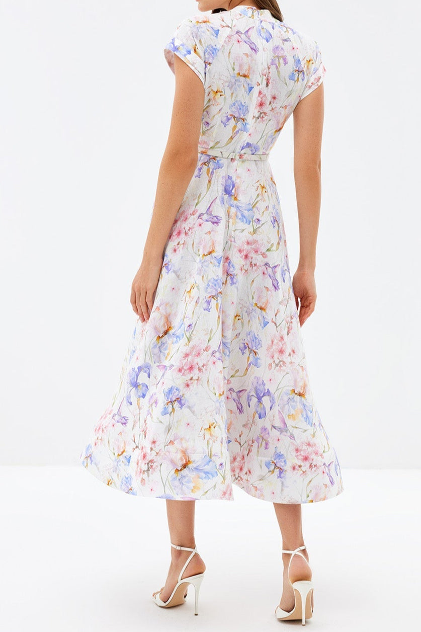 multicolor floral print a-line midi dress