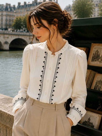 Retro Embroidered Lantern Sleeve Shirt