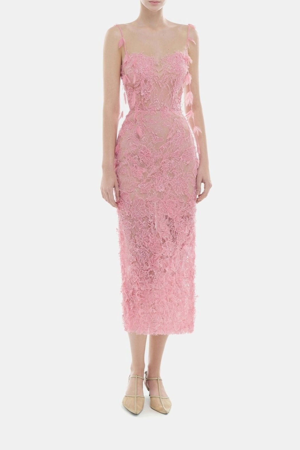 PINK BEADED LACE PENCEL DRESS