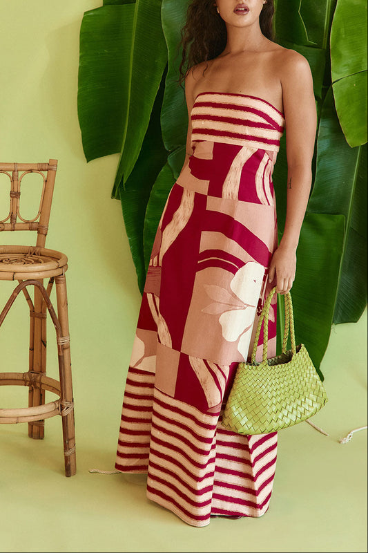 Strapless Color Block Striped Print Flowy Lightweight Maxi Dress