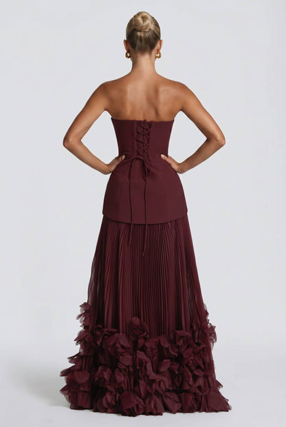 Strapless Burgundy Pleated Maxi Gown With 3D Floral Ruffle Hem