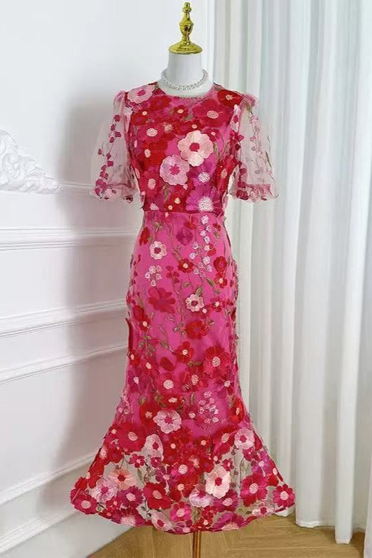 CAROL PUFF SLEEVE ROSE RED FLORAL EMBROIDERY FISHTAIL MIDI DRESS