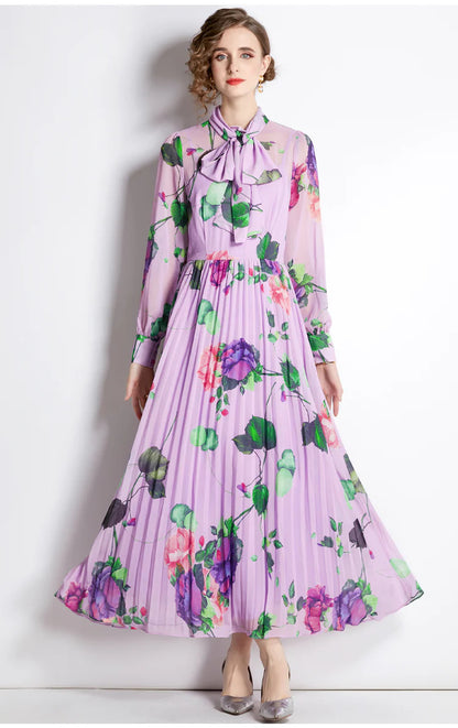 Purple floral print long-sleeved pleated maxi dress