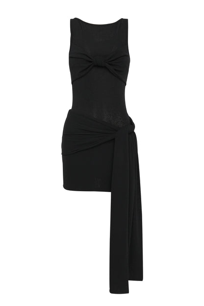 black Sleeveless with twisted draped ribbons mini dress