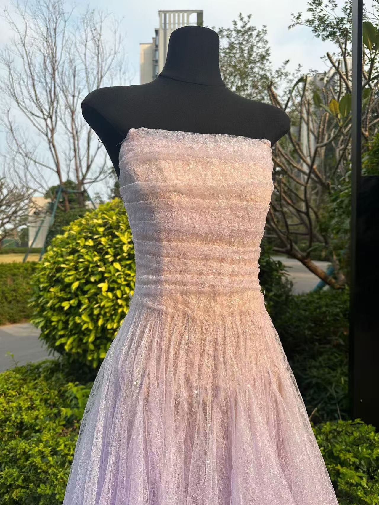 VIOLET DRAPED LACE MIDI DRESS