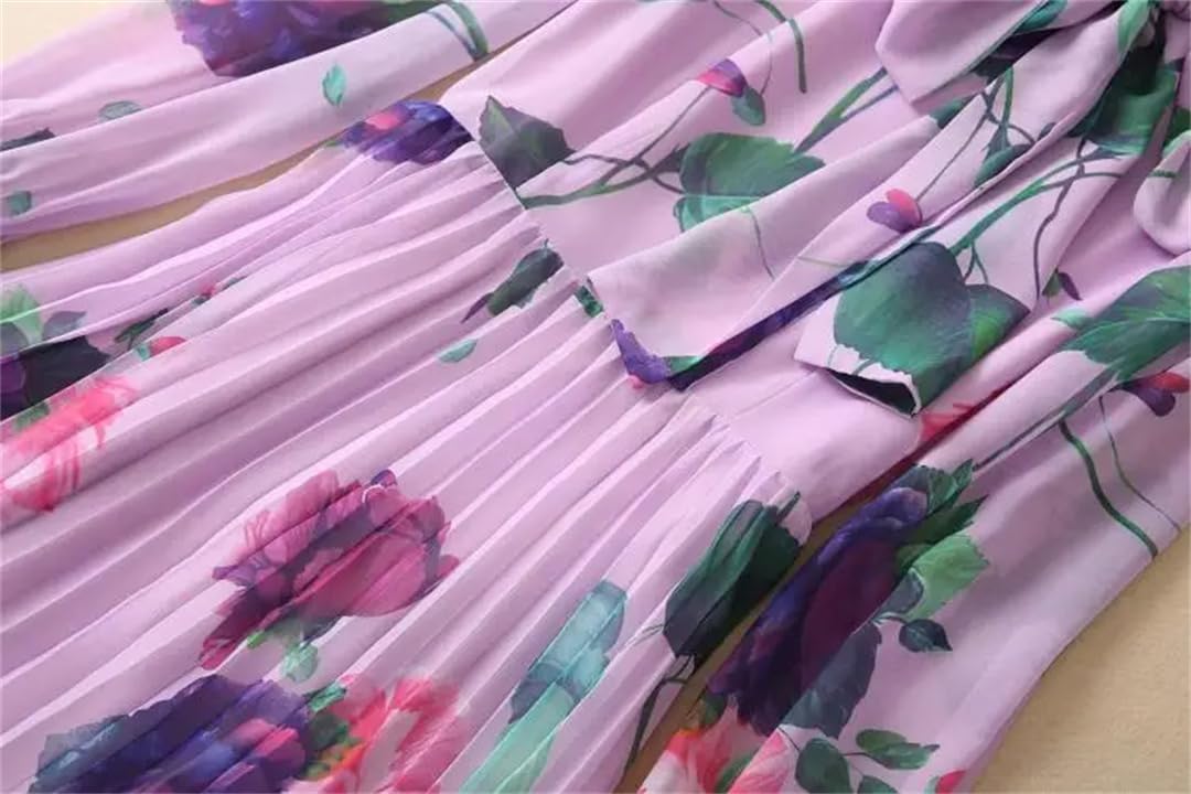 Purple floral print long-sleeved pleated maxi dress