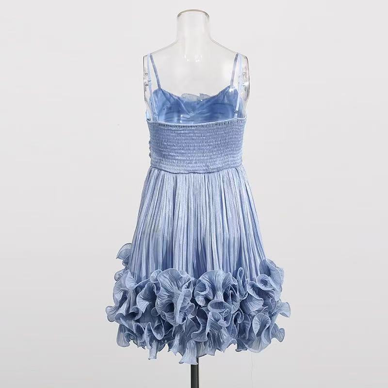 diana Spaghetti Flower Ruffle Mini Dress In Blue