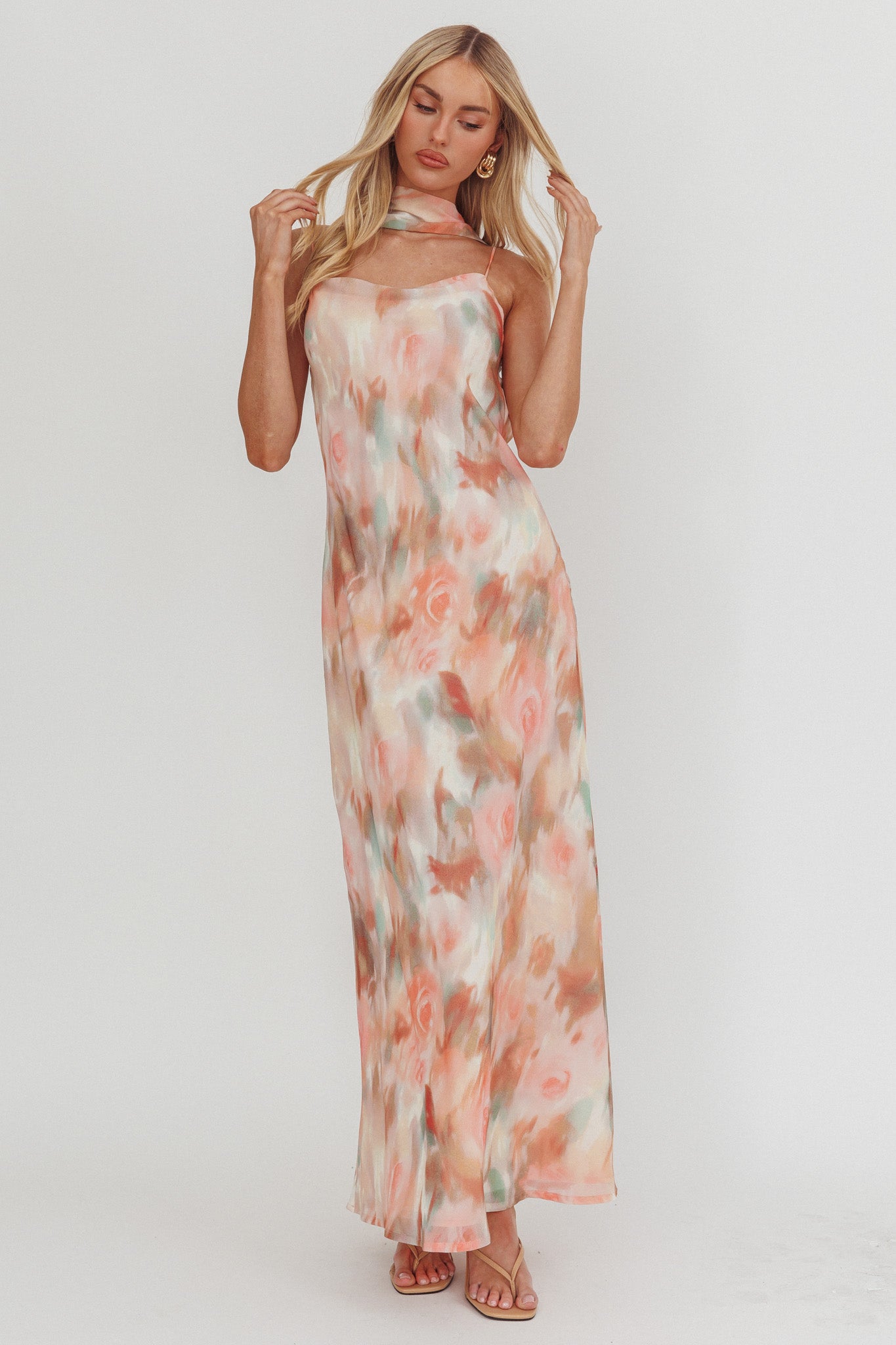 Floral print halter neck ribbon chiffon maxi dress - orange