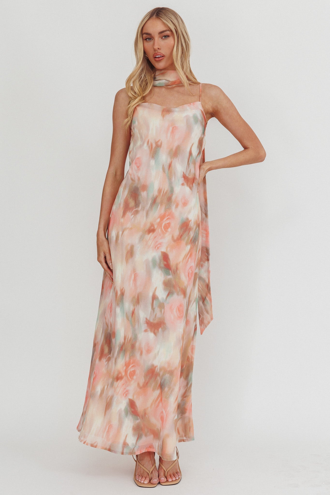 Floral print halter neck ribbon chiffon maxi dress - orange