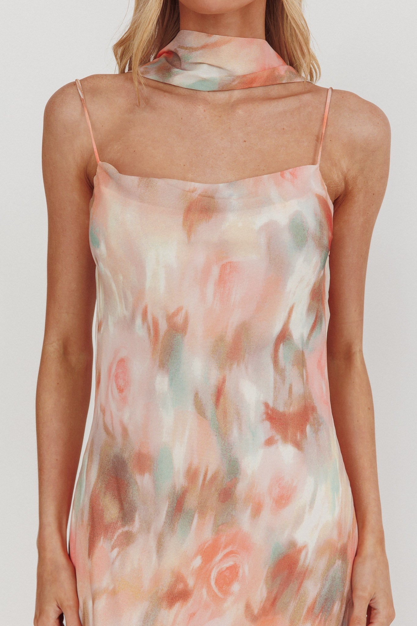 Floral print halter neck ribbon chiffon maxi dress - orange