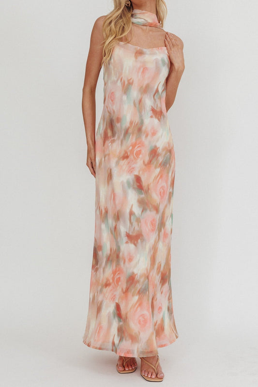 Floral print halter neck ribbon chiffon maxi dress - orange