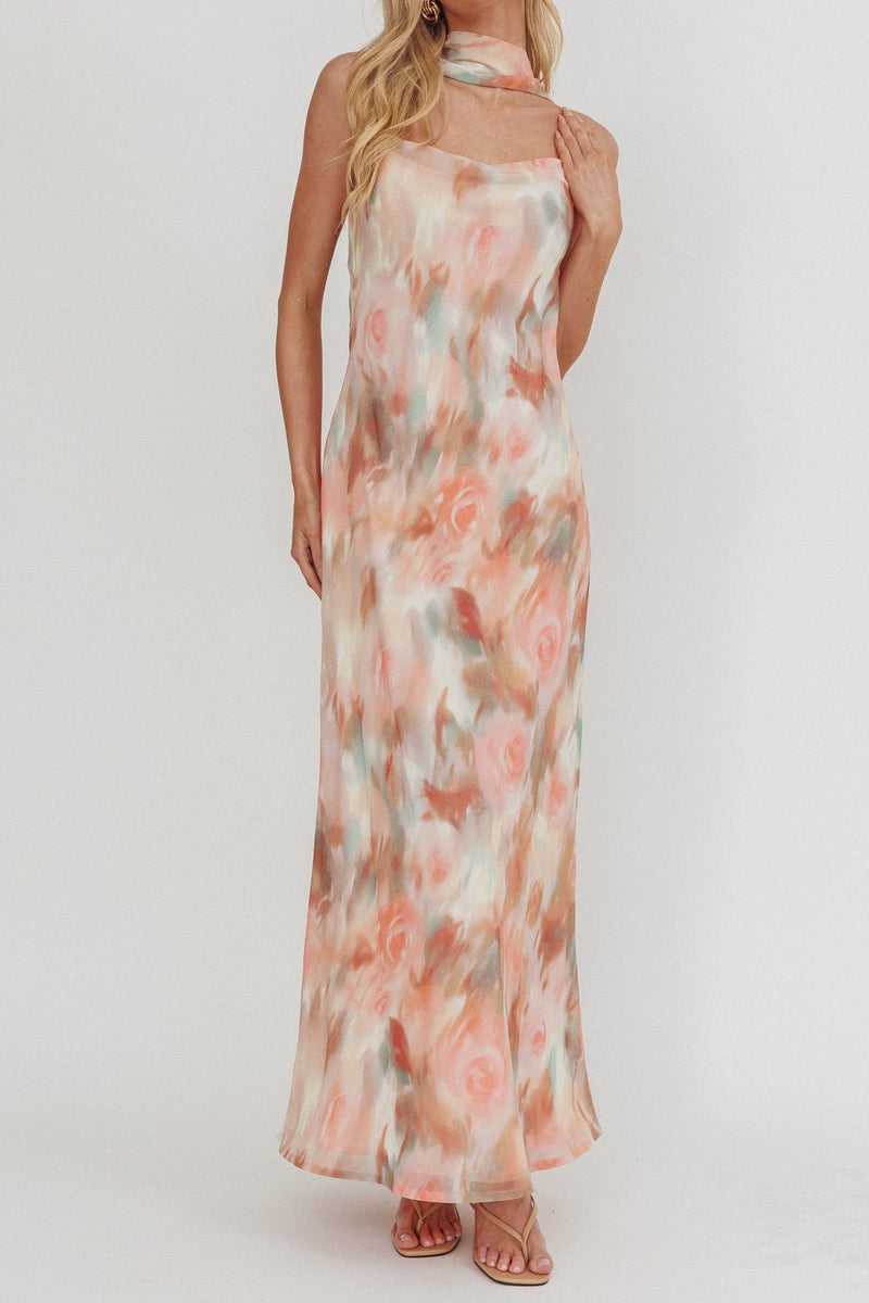 Floral print halter neck ribbon chiffon maxi dress - orange