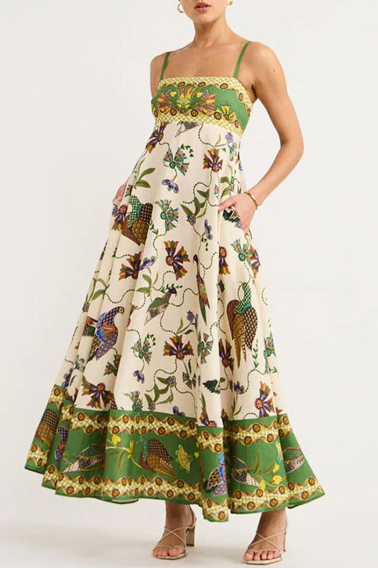 Cream Green Peacock Floral Print Spaghetti Strap Midi Dress
