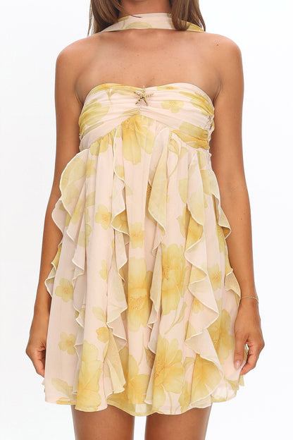 Halter Ruffle Mini Dress Floral Butter