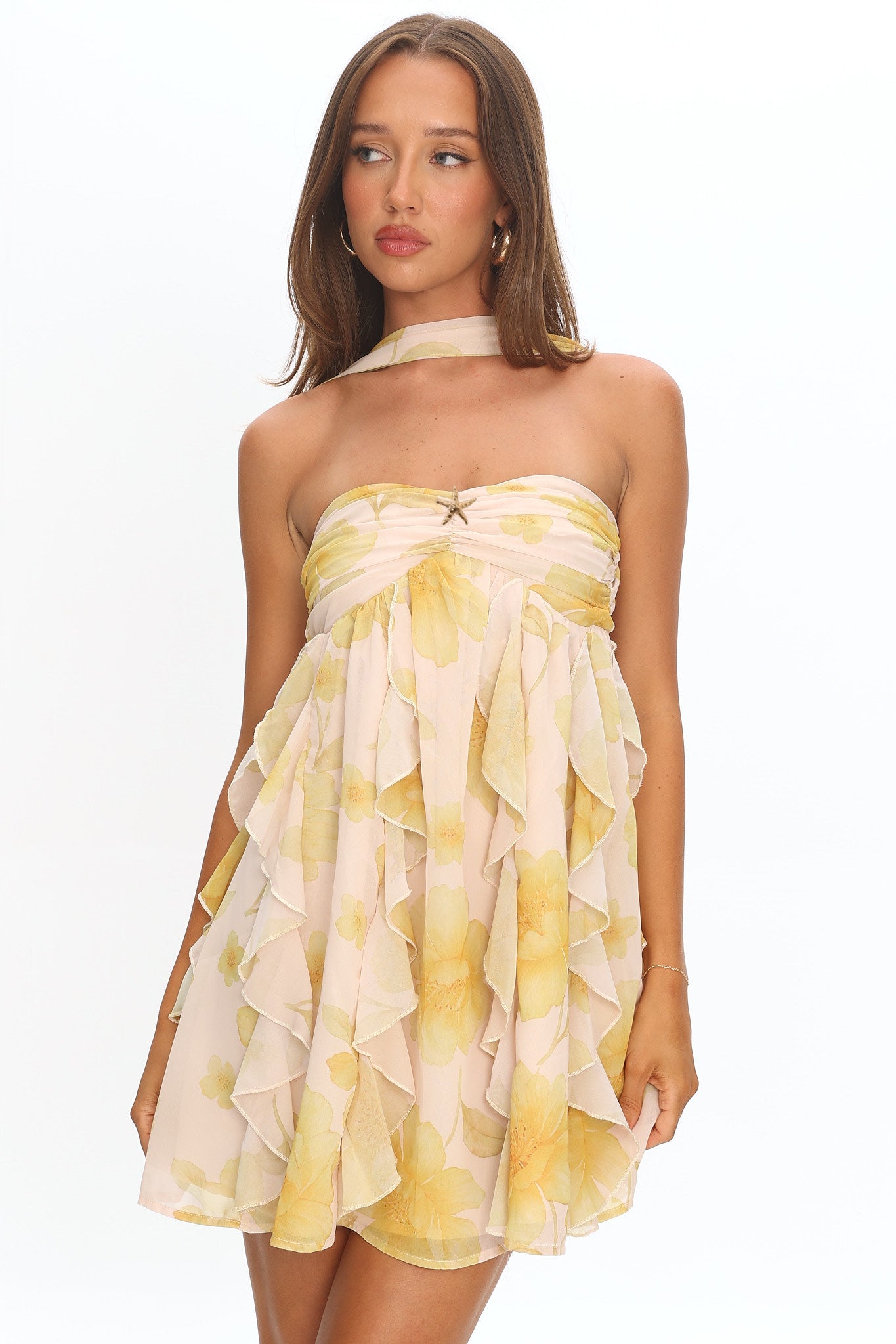 Halter Ruffle Mini Dress Floral Butter