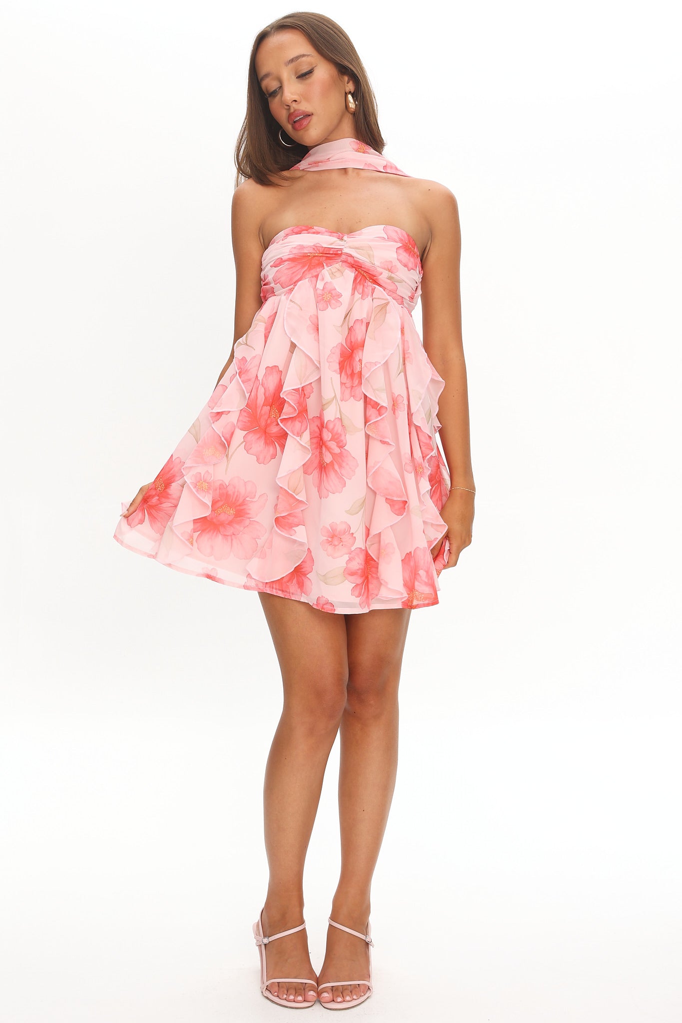 Halter Ruffle Mini Dress Floral Pink