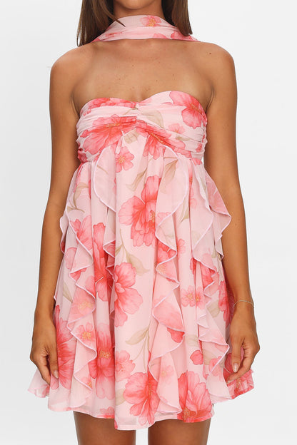 Halter Ruffle Mini Dress Floral Pink
