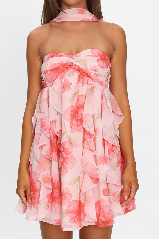 Halter Ruffle Mini Dress Floral Pink