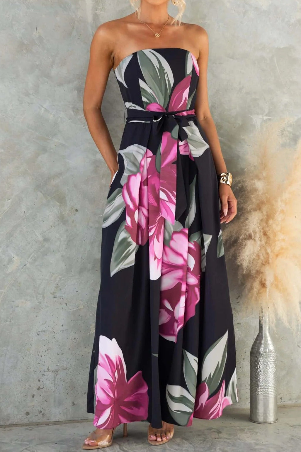 nancy off-shoulder floral print Jumpsuit - black