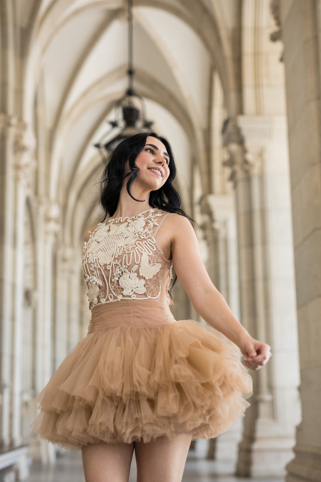 Ballerina |  Beige Tulle Mini Dress with 3D Applique