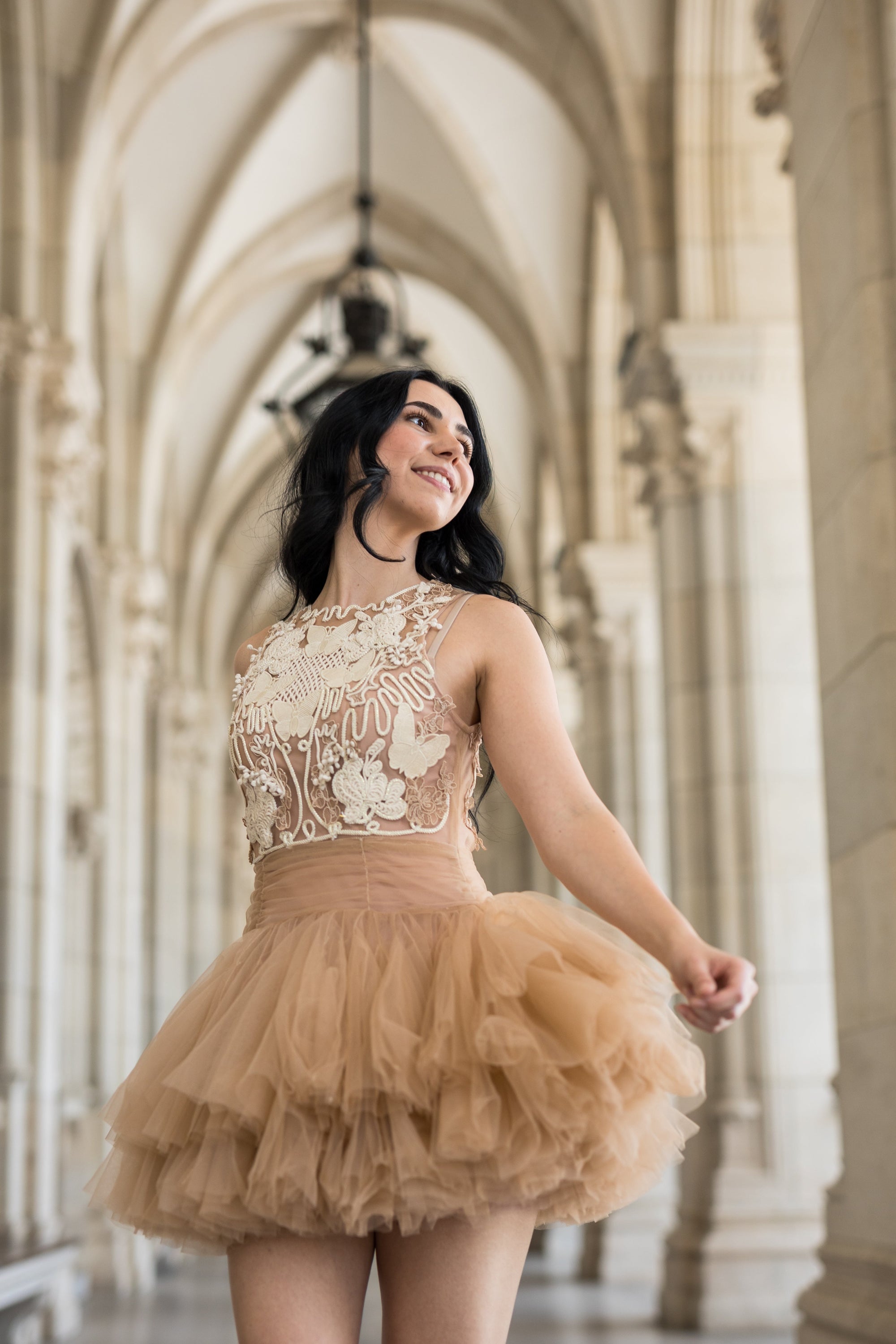 Ballerina |  Beige Tulle Mini Dress with 3D Applique