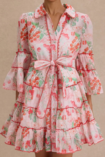 Botanical Print Lace Single Breasted Mini Dress - pink