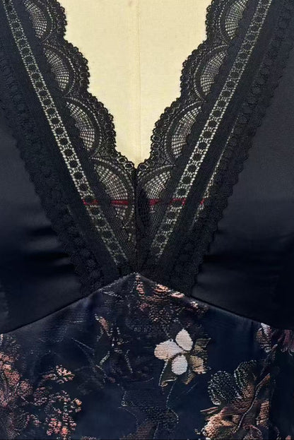Lace mesh patchwork V-neck printed bodycon mini dress