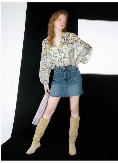 French-style chiffon floral print blouse with drape