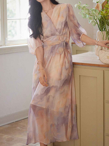 phoenix Classic V-Neck Floral Printed Tie Dress