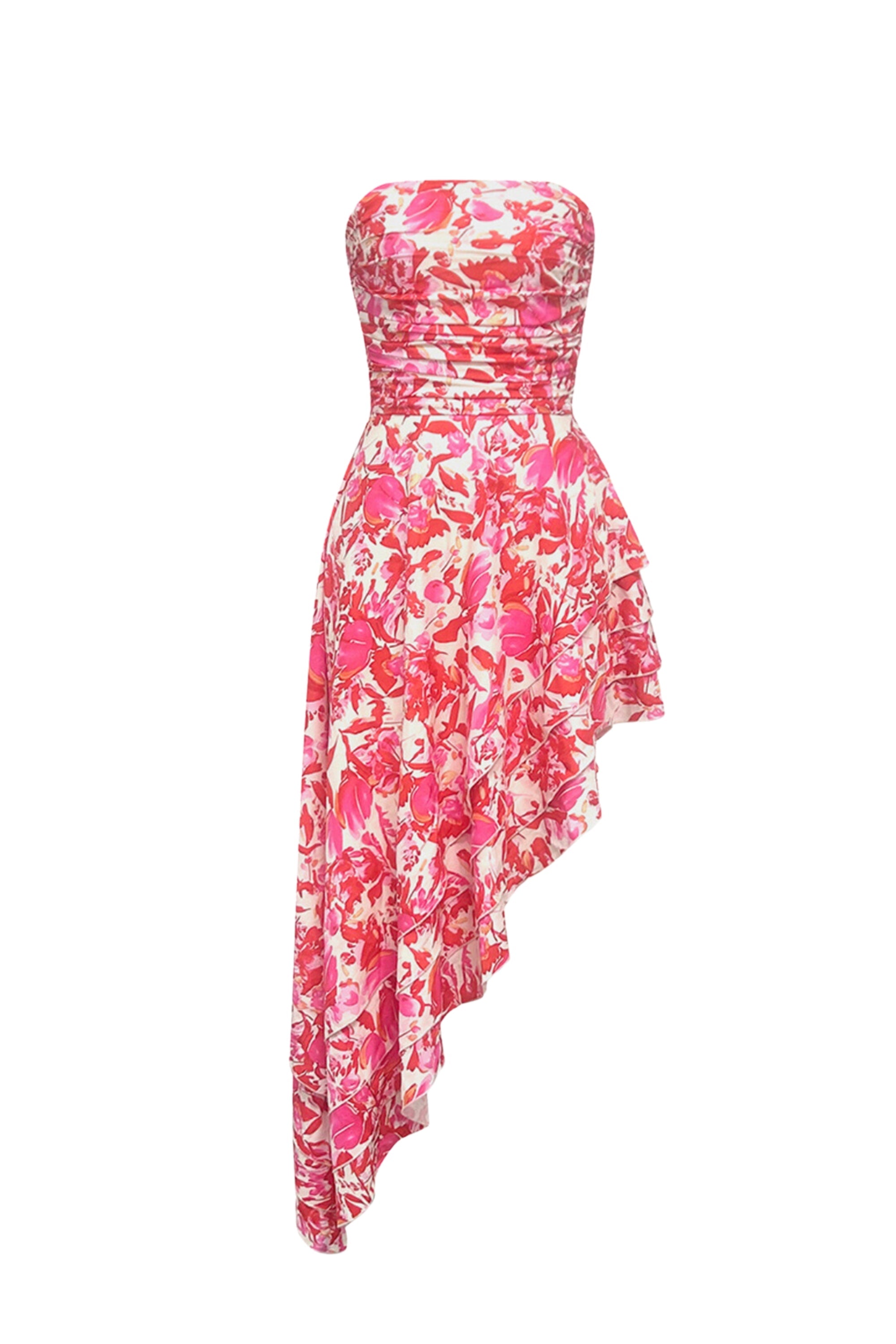FLORAL STRAPLESS RUFFLE MIDI DRESS IN RED PINK