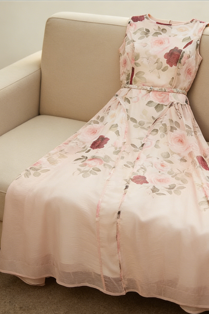 Sleeveless Rose Print Mesh Maxi Dress